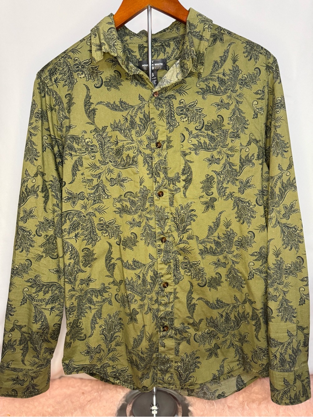 Houston White - Men’s Olive Green Paisley Button-Up Shirt - Size S